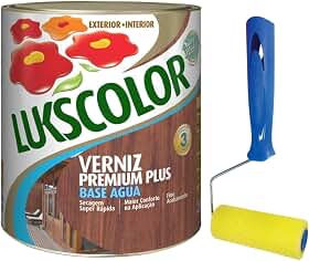 Verniz Base Água 900ml Madeira Lukscolor, Rolinho Espuma 9cm (Acetinado Incolor + Rolinho 9cm)