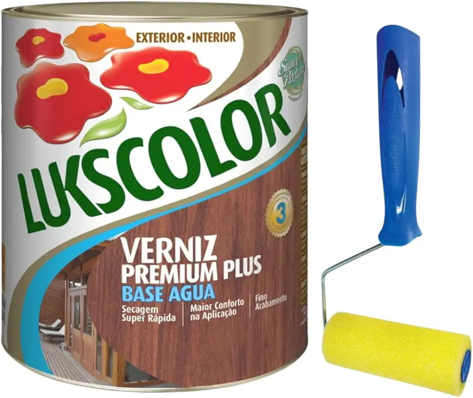 Verniz Base Água 900ml Madeira Lukscolor, Rolinho Espuma 9cm (Brilhante Mogno + Rolinho 9cm)