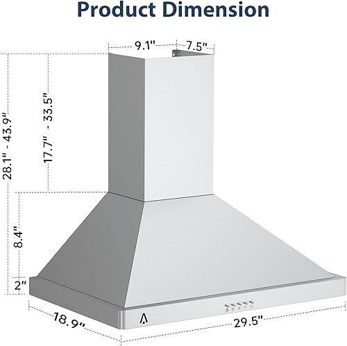 Miniatura 4 de Campana extractora de pared de 30 pulgadas, campana extractora de cocina de acero inoxidable de 400 CFM con luces LED, filtro apto para lavavajillas