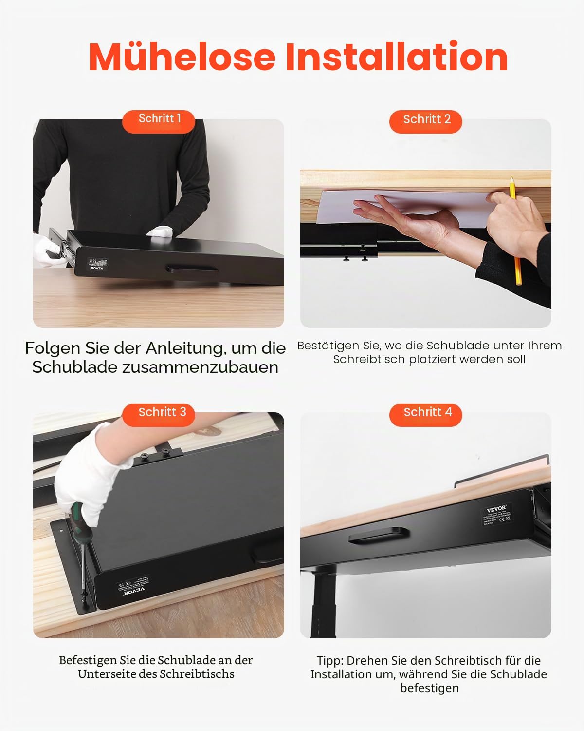 VEVOR Untertisch Schublade 635x232x75 mm, Unterbau Schreibtisch, versteckter Schreibtisch-Aufbewahrungs-Organizer, Bleistiftschublade unter dem Tisch für Sitz-Steh-Arbeitsplätze im Büro & zu Hause
