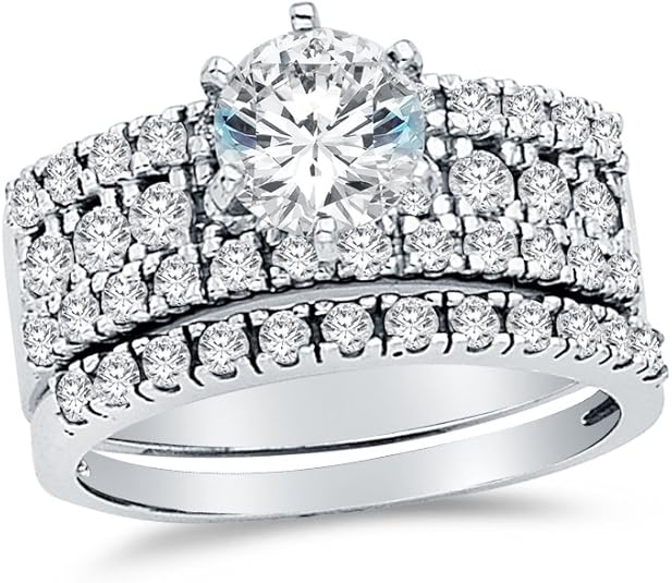 Sonia Jewels 14k White Gold Round Wide 3 Row Pave Set Bridal Engagement Ring & Wedding Band CZ Cubic Zirconia (2.50cttw, 1.0ct. Center)