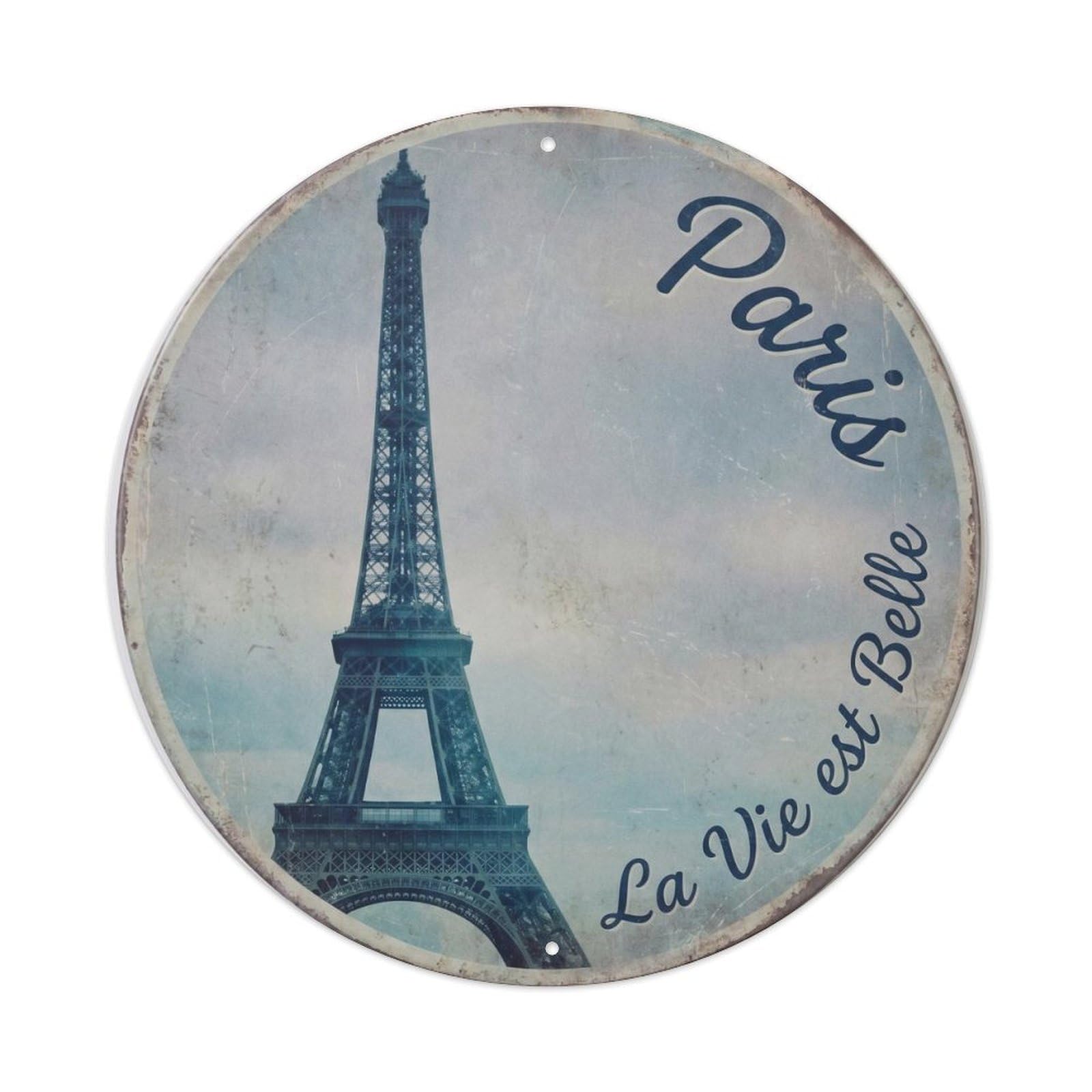 Paris France Landmark City Europe Classic Destination Metal Tin Sign Plaque Wall Decor for Cafe, Man Cave, Club Bar, Office, Home Garden Round Metal Poster 8x8Inch
