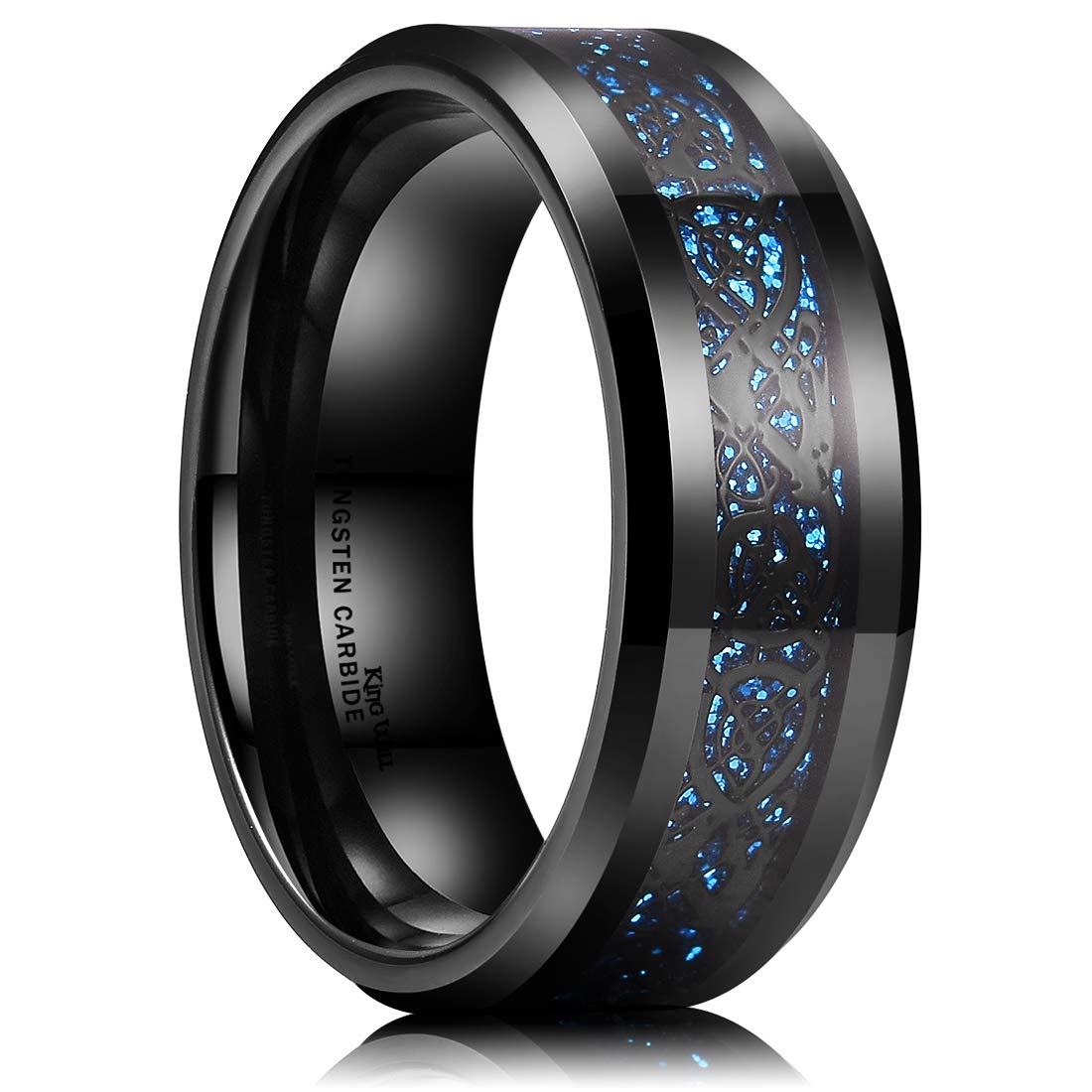 King WillDragon Men Tungsten Carbide Ring 8mm Silver/Blue/Black Celtic Dragon Wedding Band Polish Finish
