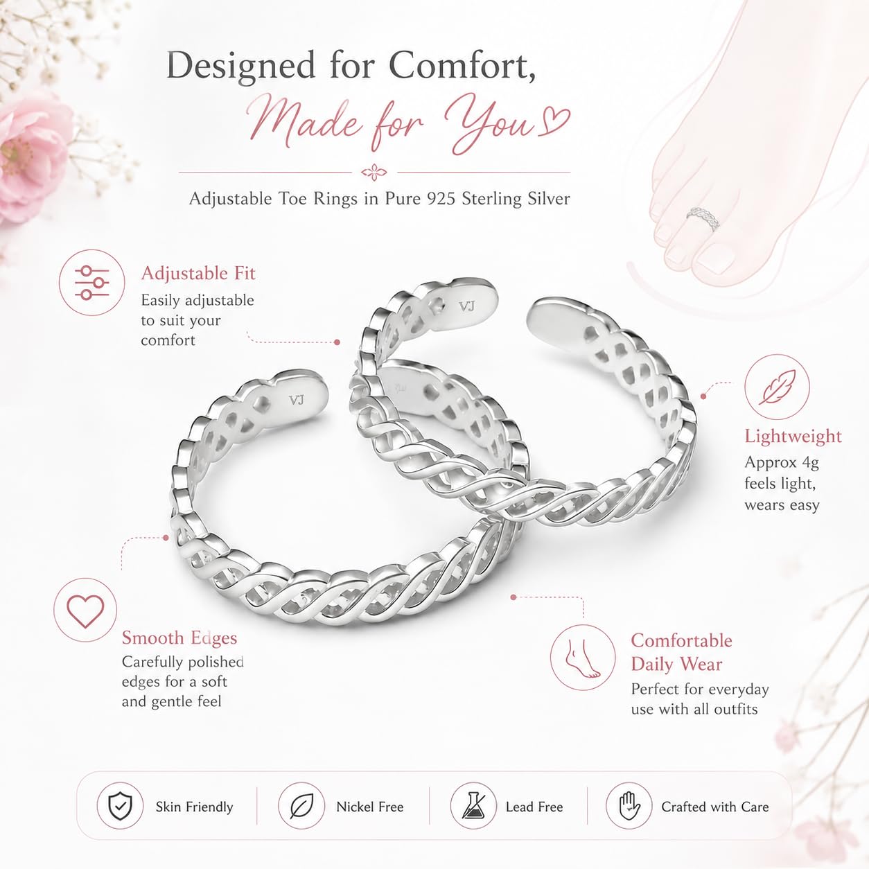 VRINDAM JEWELLERS Exclusive 925 Sterling Silver Toe Rings for Women | Gift for Women and Girls | Bichiya | Accessories Jewellery | Certificate of Authenticity | Adjustable 2