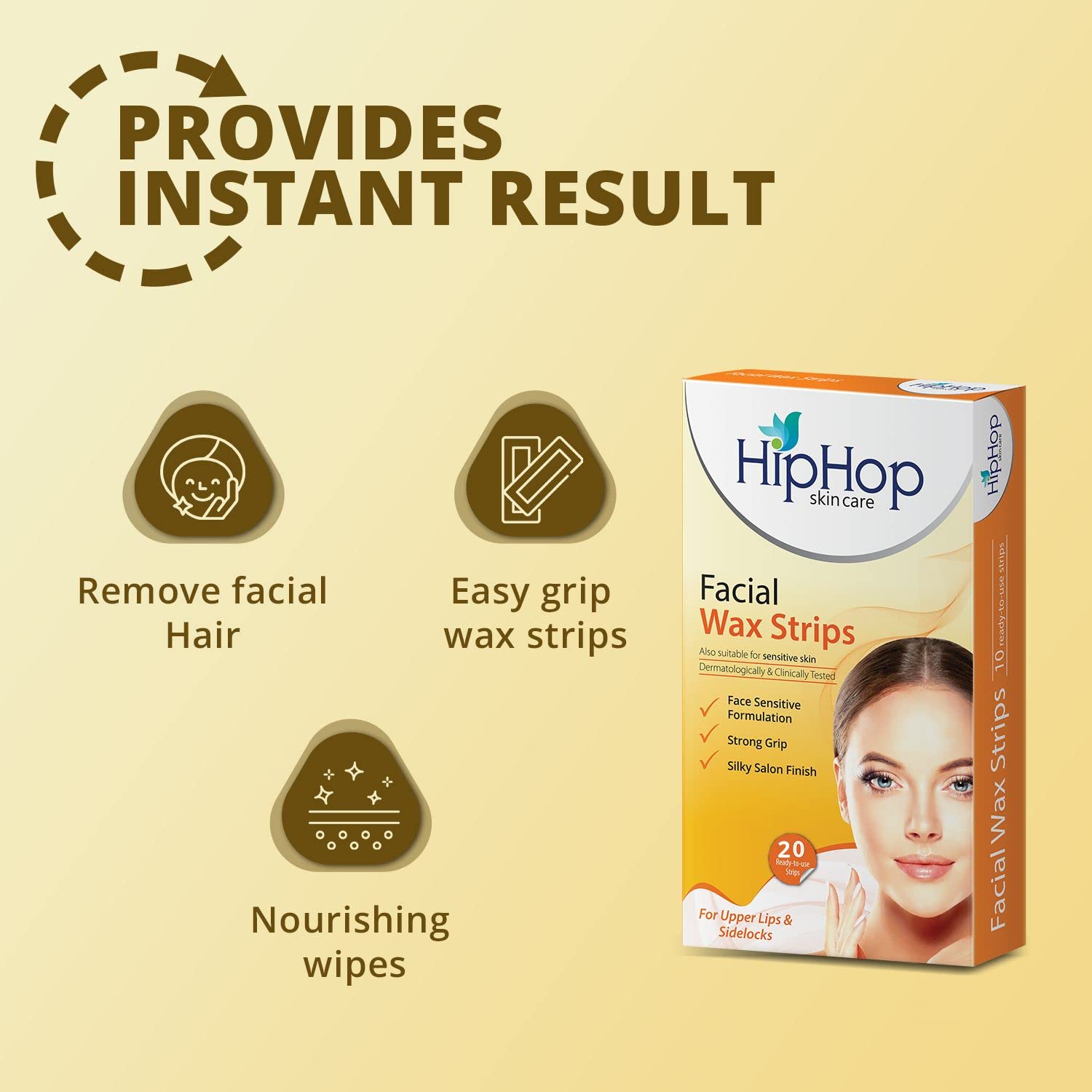 HipHop Skincare Facial Wax Strips with Cleansing Wipes for Instant Hair Removal (Pack of 20 Strips)| Upper Lip, Sideburns, Forehead, Chin with Shea Butter & Argan Oil for Soft, Silky & Brighter Skin, All Skin Types - Image 3 thumbnail