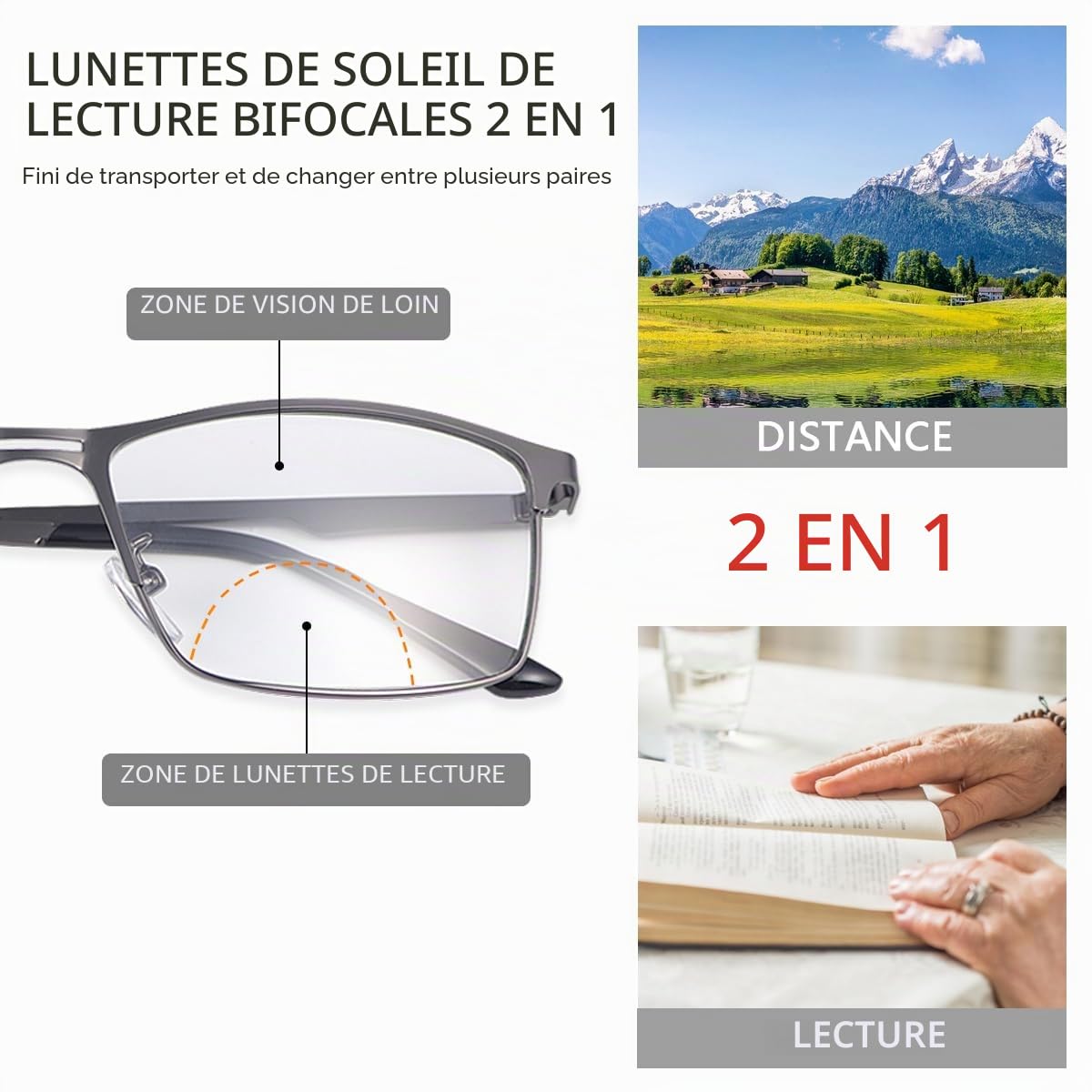 LJIMI Lunettes de lecture bifocales photochromiques avec filtre de lumière bleue bloquant la lumière bleue Lunettes d'ordinateur Protection UV400 Lecteur de lunettes de soleil plein bord Lunettes de
