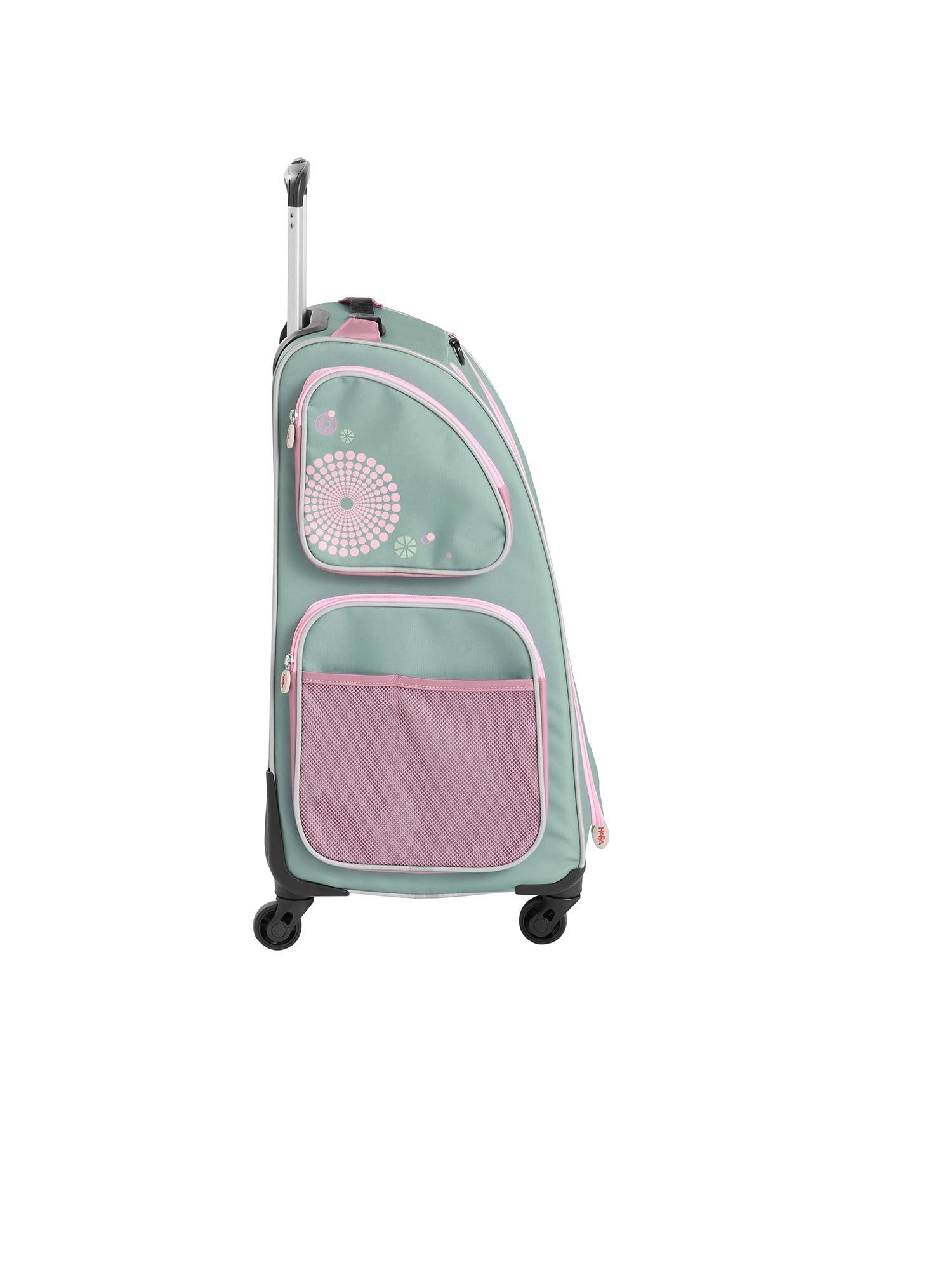 HABA Valise armoire enfant - Valise enfant en polyester recyclé + sac à linge sale, 3 tablettes amovibles, 4 poches extérieures et 4 roulettes - A partir de 5 ans - 1442797001, Sauge, Mittelgroß
