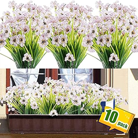 10 Bundles Artificial Flowers Outdoor UV Resistant Plastic Plant Silk Flower, Faux Fake Flower Greenery Shrub Plant Indoor Outdoor Hanging Planter Home Garden Porch Window Box Decor (White) Cover