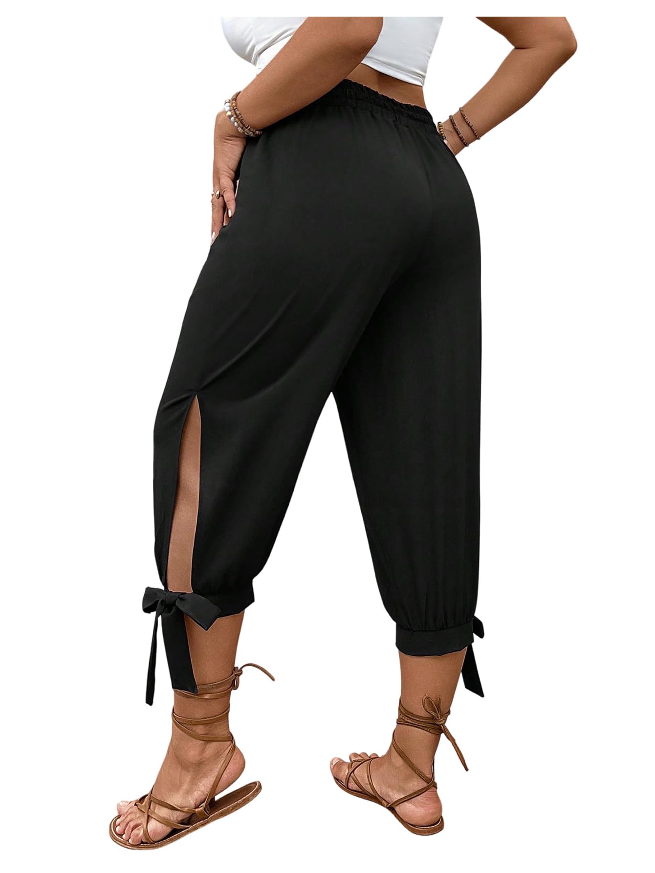 Womens Plus Size Bowknot Split Capri Pants Elastic High Waisted Casual Trousers