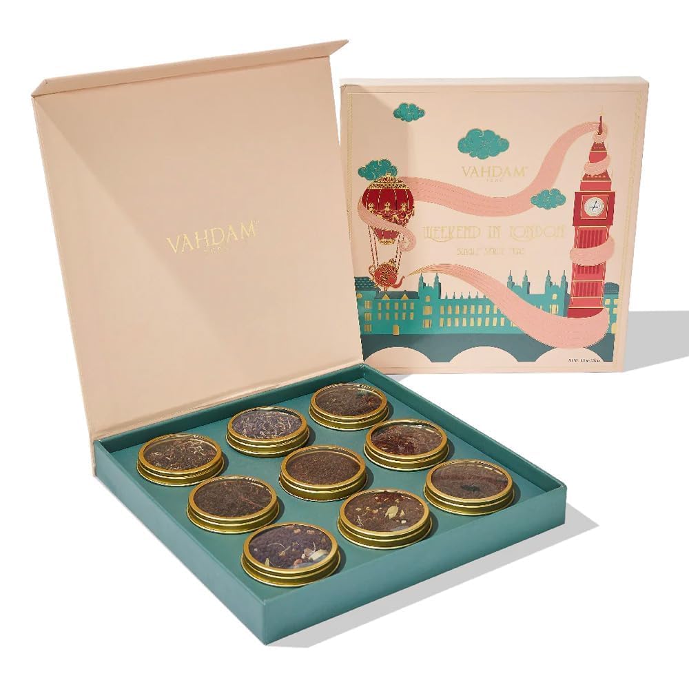 VAHDAM, Weekend in London Valentines Day Gifts Set - 9 Loose Teas | Tin Caddy Travel Edition Gift Box | Valentines Day Gifts for Him & Her | Gluten Free, Non GMO