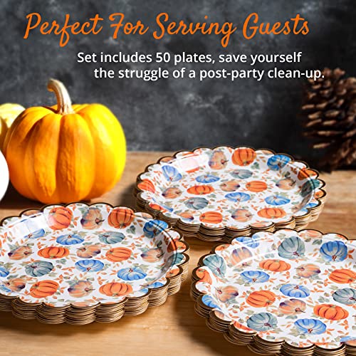 Image of Confettiville Thanksgiving Paper Plates, 50-Count Fall-Themed Decorative Disposable Serving Plates, Pale Apricot, Gold Foil Scalloped Edge, 9 Inches