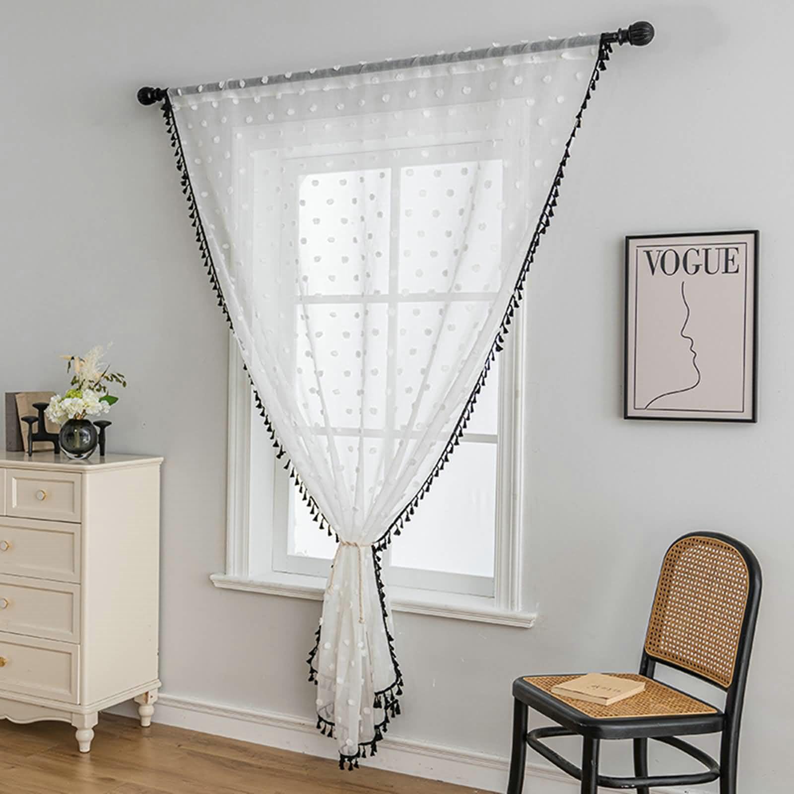 Gualiy Tende per Salotto Trasparenti, Tenda Camera Finestra 2 Pezzi 100x200CM con Pompon e Nappe Tenda Finestra Bianco Nero Tenda per Finestre a Vetro