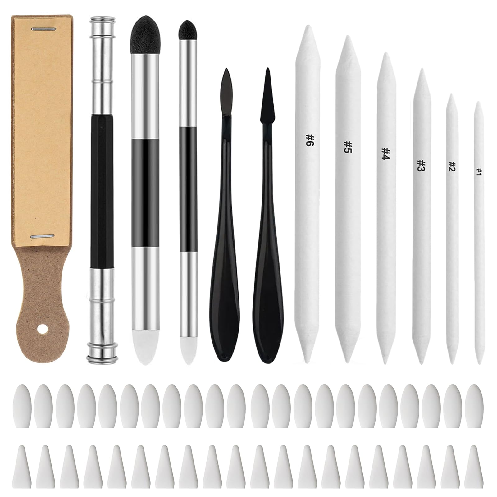 52 Pcs Blending Stumps Set, Sketch Drawing Stumps Pencils Tools, Double-Ended Blending Stumps, Blending Sponges Drawings Pens, Sketch Wiper with 20Pcs Sponge Heads for School Students Artists Supplies