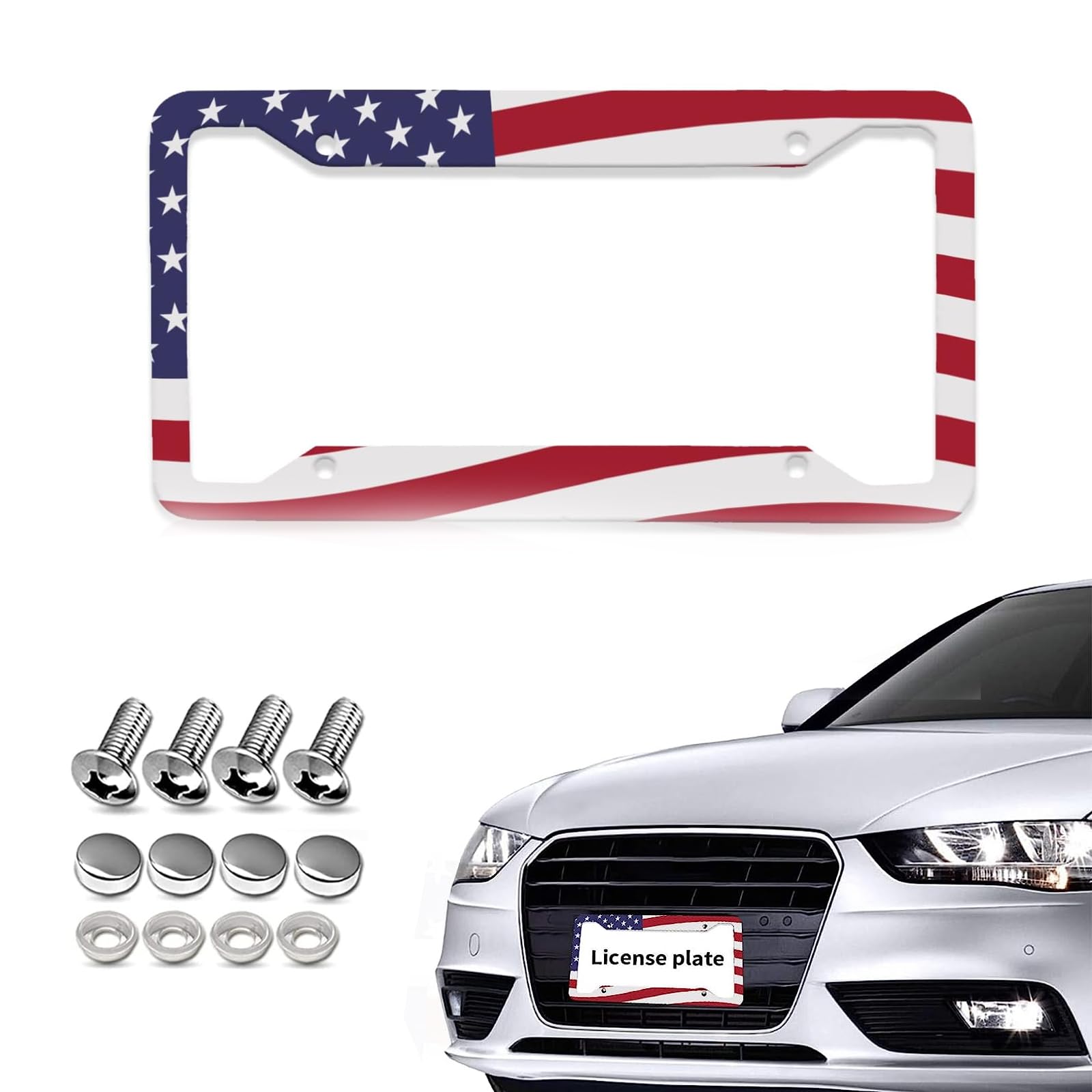 gunhunt 1 PC American Flag License Plate Frame, 4 Holes Patriotic License Plate Frame, Stainless Steel Aluminum lisences Plate Frame with Screws, License Plate Frame Decorative Set (Red)