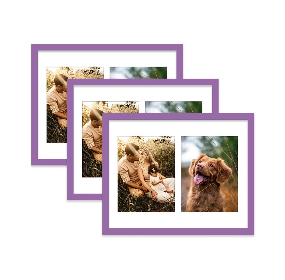 Purple Multi Photo Frame - Holds 2 x 8x6 Pictures, Family Collage Picture Frame for Wall Display, 14x11 Frame size, Set of 3