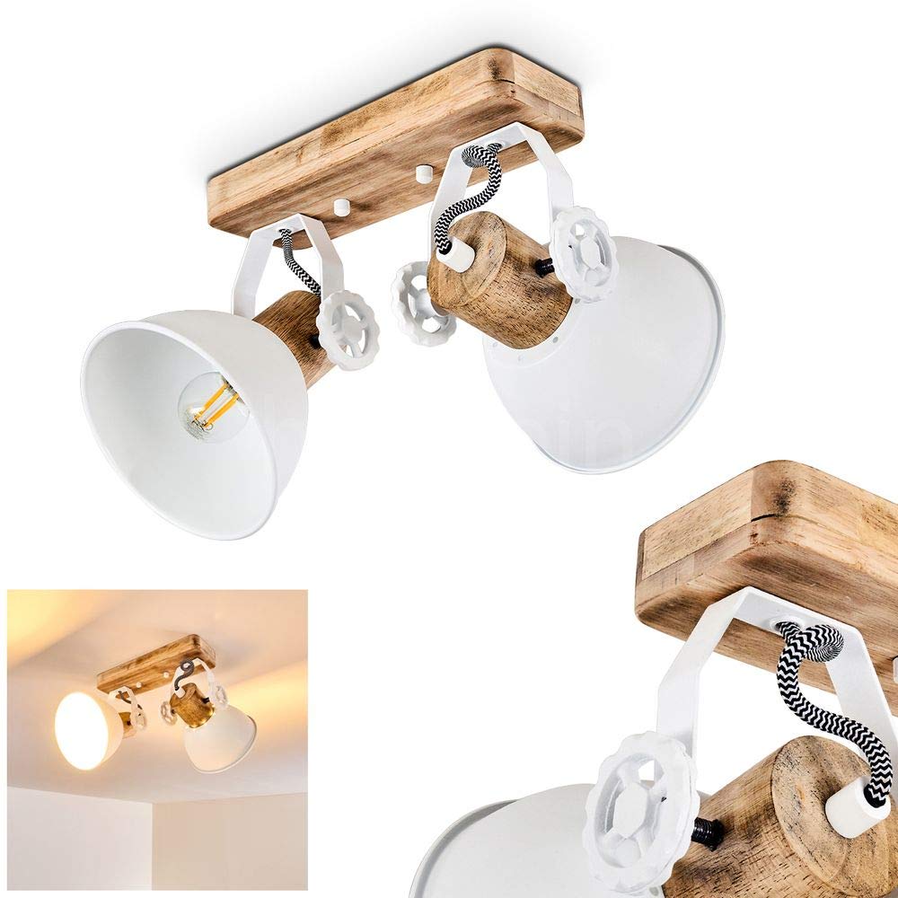 Plafoniera Orny, 2 luci, con faretti orientabili, plafoniera in metallo/legno in bianco/marrone, 2 x attacco E27, faretto dal design retro/vintage,senza lampadina/e