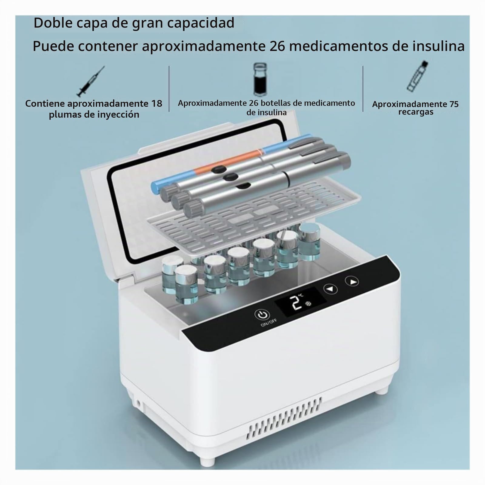 Nevera Portátil para Insulina y Medicamentos - Estuche Térmico Silencioso con Carga USB | Almacena 8 Plumas o 75 Cartuchos | Mantiene 2-8°C para Diabéticos