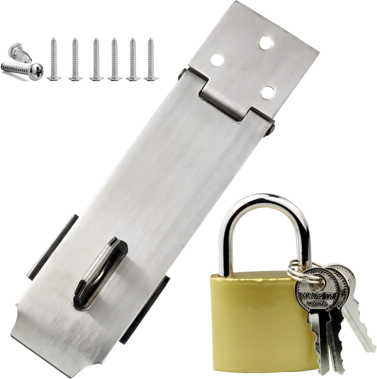 Arlai 5" Stainless Steel Latch Lock Padlock hasp Set, with Screws and Padlock, Your Own Fence Locks gate Lock, for shed Locks with Keys Lock hasp Set