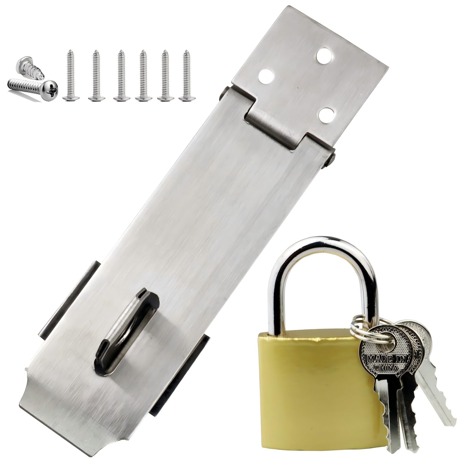 Arlai 4" Stainless Steel Latch Lock Padlock hasp Set, with Screws and Padlock, Your Own Fence Locks gate Lock, for shed Locks with Keys Lock hasp Set