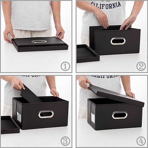 Miniatura 79 de PRANDOM Cajas de almacenamiento apilables grandes con tapas [paquete de 5] contenedores de almacenamiento plegables de tela de cuero, cestas