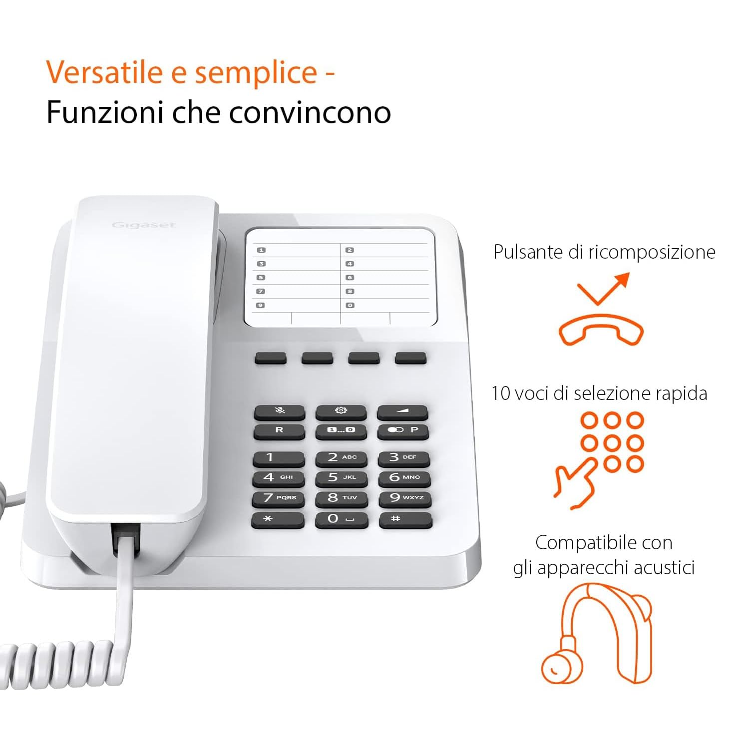 Gigaset DESK 400 - Telefono da tavolo o parete - Telefonare in Modo Semplice - Selezione DTMF o a Impulsi Regolabile, Bianco [Versione Italiana]