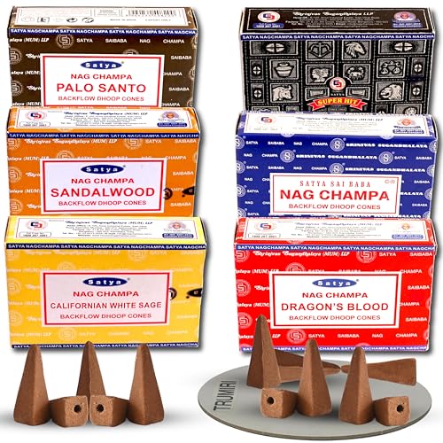 Nag Champa|Super Hit|Dragons Blood|Palo Santo|Sandalwood|Californian White Sage Variety Pack Backflow Incense Cones for Waterfall Aromatic Smoke Fountain Haze Falls and Mat Bundle - Pack of 6