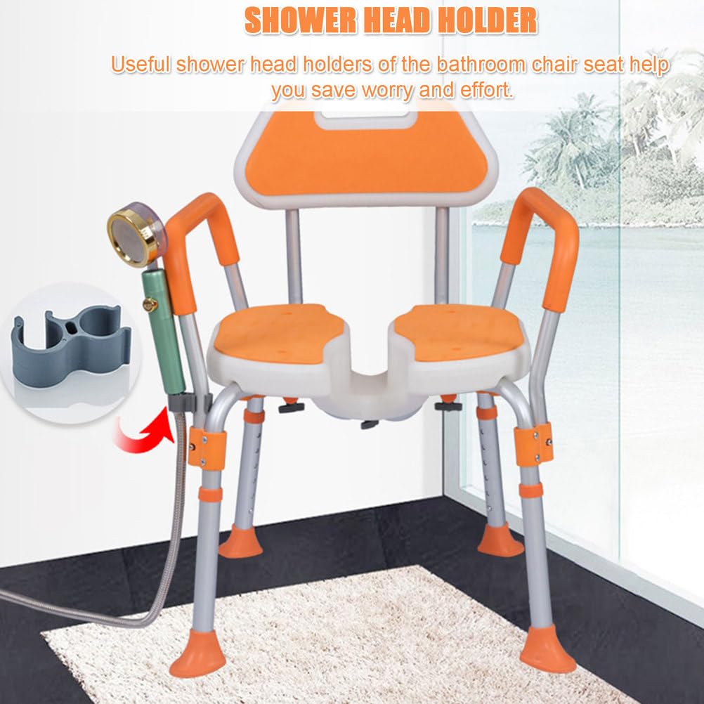 Silla de Ducha en Forma de U Banqueta Ajustable para bañera, Asiento de baño, Taburete de Ducha con Respaldo y reposabrazos, Ideal para Embarazadas y Personas Mayores,Naranja,Rubber Pads