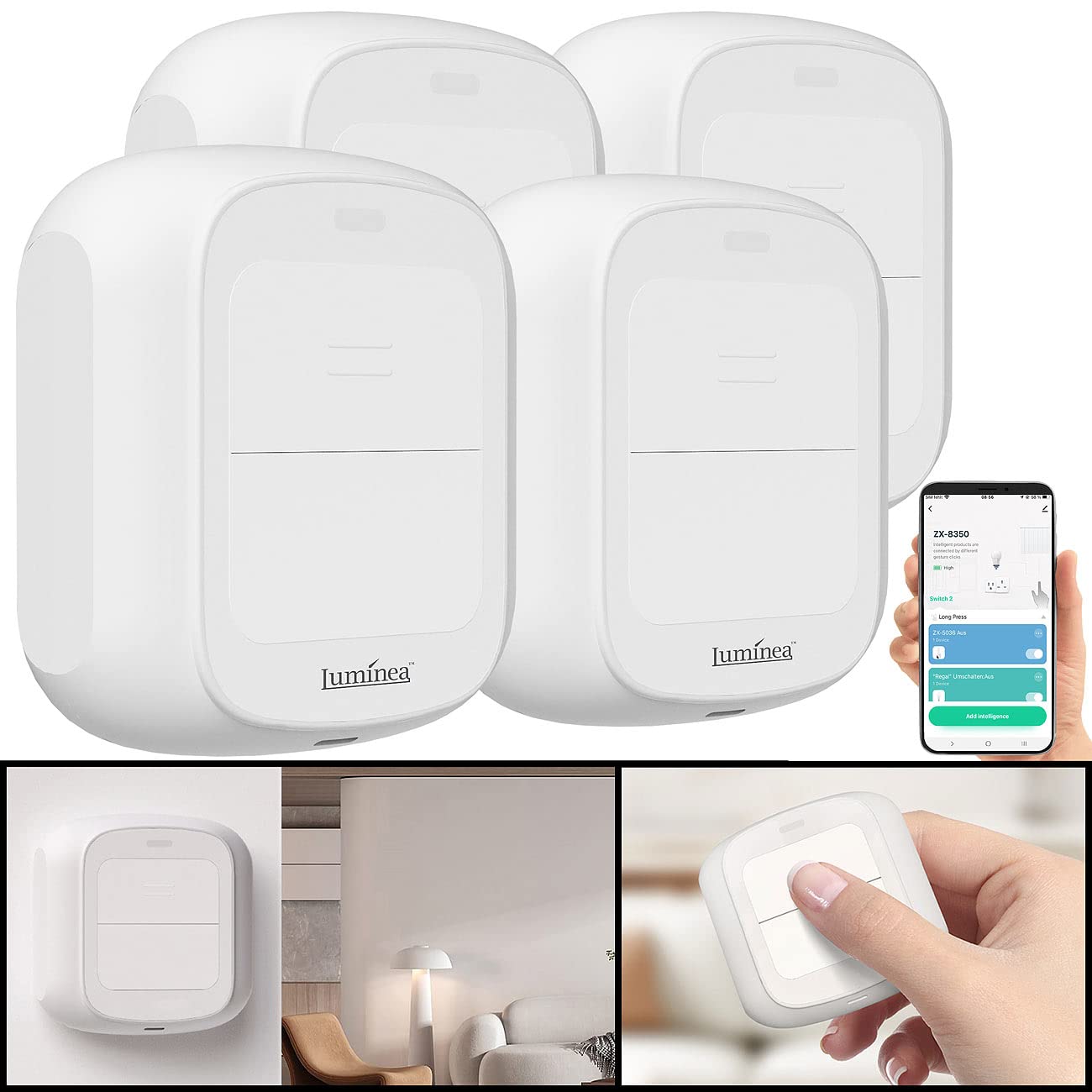Luminea Home Control Funk Lichtschalter: 4er-Set Smarte WLAN-Fernbedienung mit 2 Tasten, Licht & Szenen steuern (Funk-Lichtschalter Aufputz, App-Fernbedienung, Steckdose Schalter)