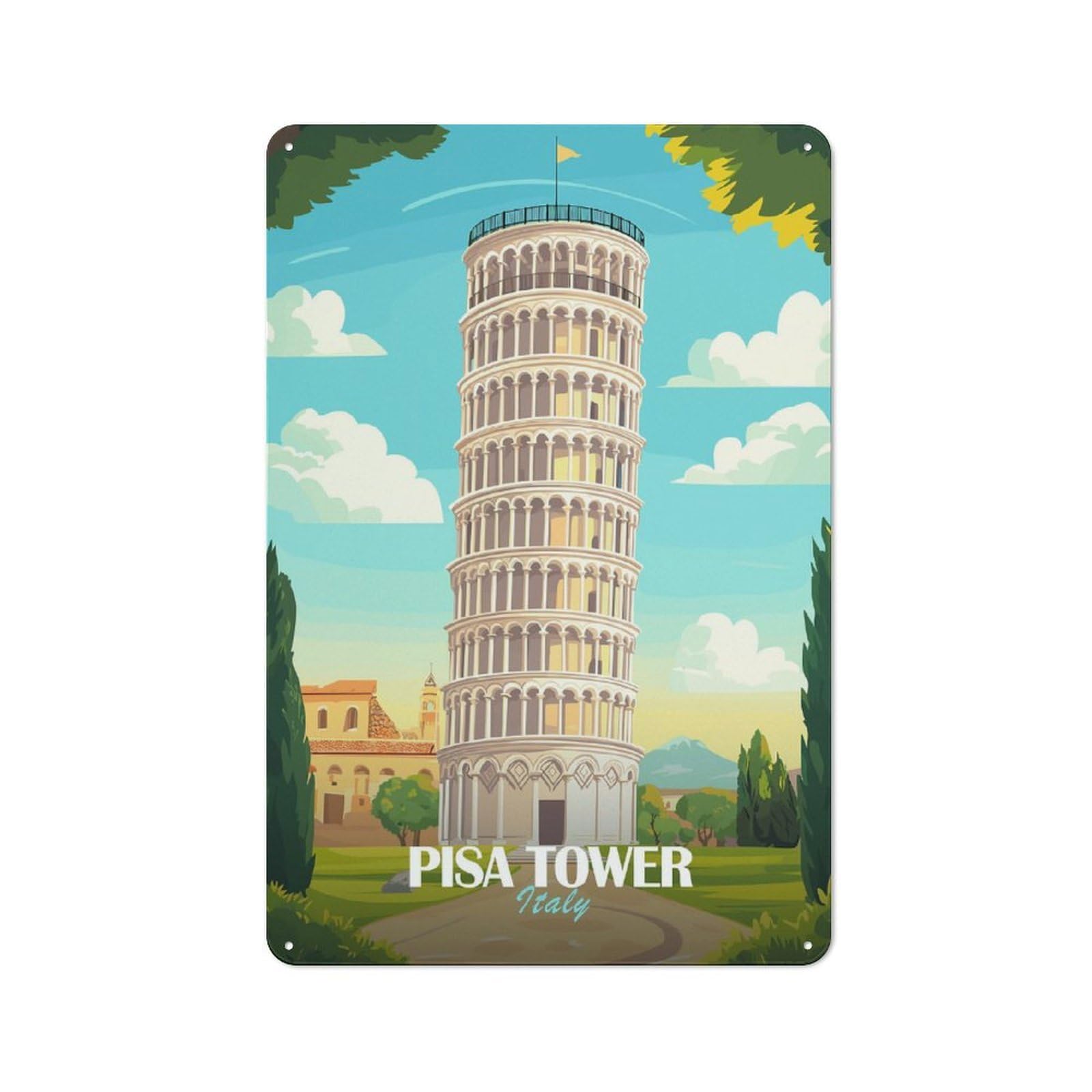 Everyday Leaning Tower of Pisa Illustration Decorative Tin Plaque 30x20cm, Room Wall Plaque for Bedroom, Kitchen, Office Or Living Room