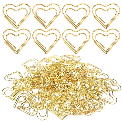 Pack of 100 Heart-Shaped Gold Paper Clips - Large Cute Love Motif for Decorative Weddings, Postcards, Invitations, Office and School Supplies