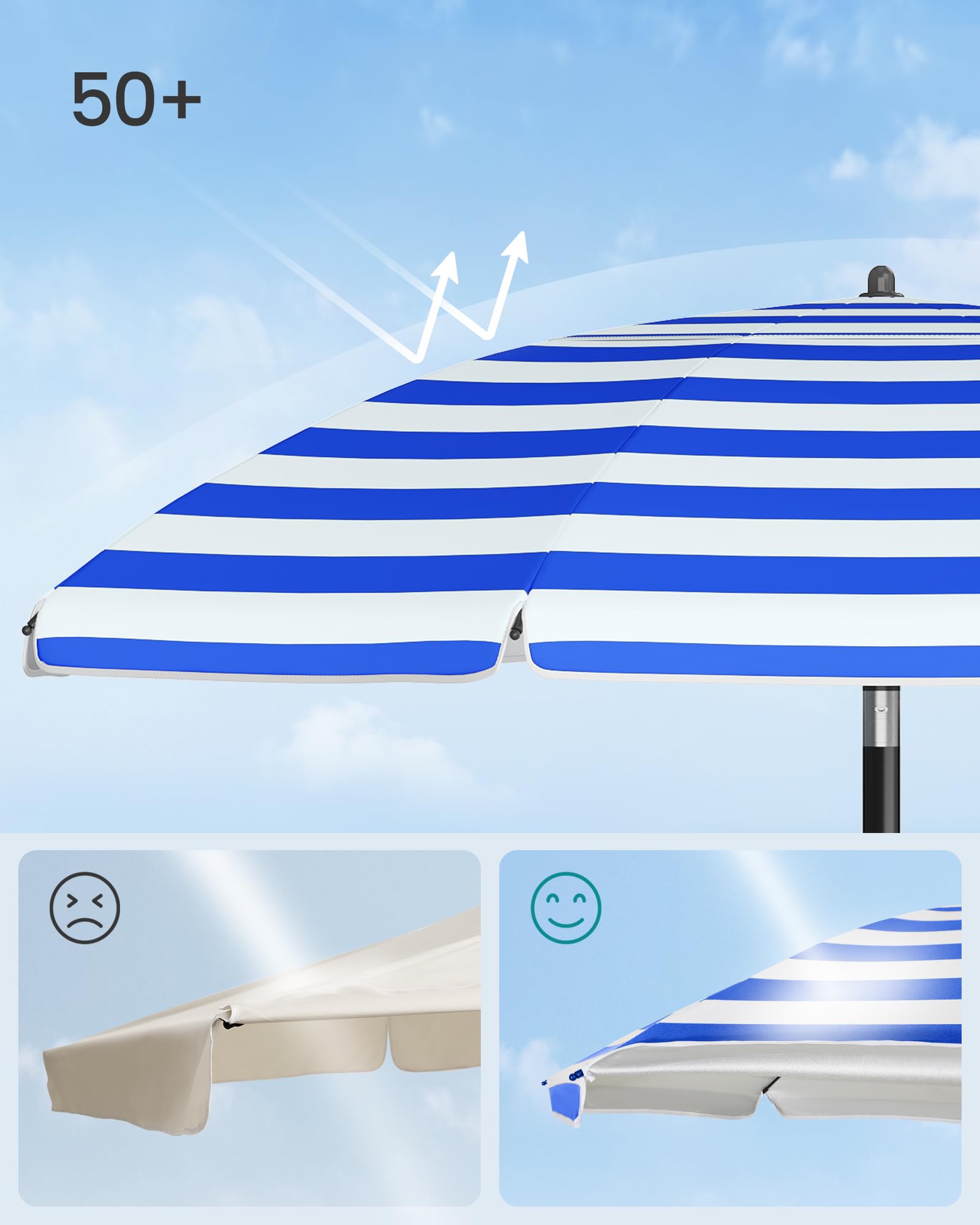 SONGMICS Parasol 160 cm, parasol plażowy, ochrona przeciwsłoneczna UPF 50+, składane boki 30°, regulacja wysokości, schowek, haczyki, nadaje się na plażę, bez stojaka, niebiesko-biały GPU0080Q02