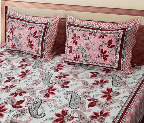 Image of 300 TC 100% Cotton Bedsheet for Double Bed King Size with 2 Pillow Covers | Breathable & Super Soft Rajasthani Sanganeri Jaipuri Printed Bed Sheet - 90 * 108 Inches (Paisley Pink)