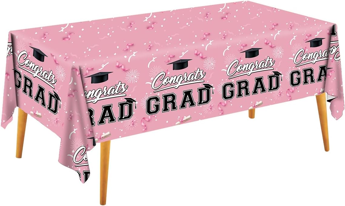 Graduation Tablecloths Graduation Party Table Decorations Waterproof Plastic Rectangular Disposable Table Cover for Congrats Grad Party Supplies 3PCS 54x108 Inch (Pink)