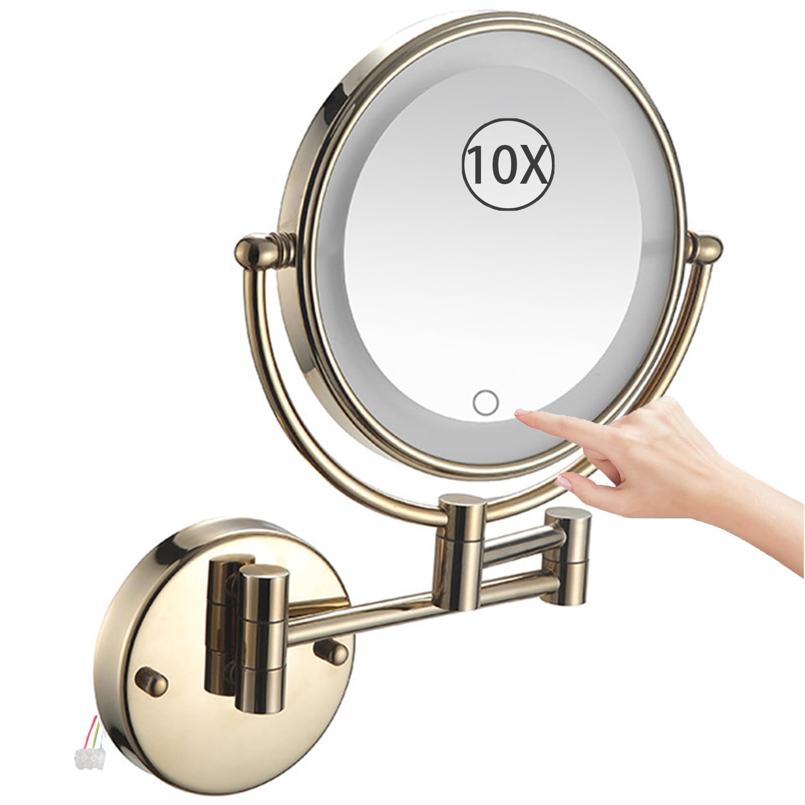 SXFSDOU Wall Mounted Magnifying Makeup Mirror, Hardwired Double Sided LED Lighted Vanity Extendable 360 Swivel Bathroom Mirror,Gold,10X