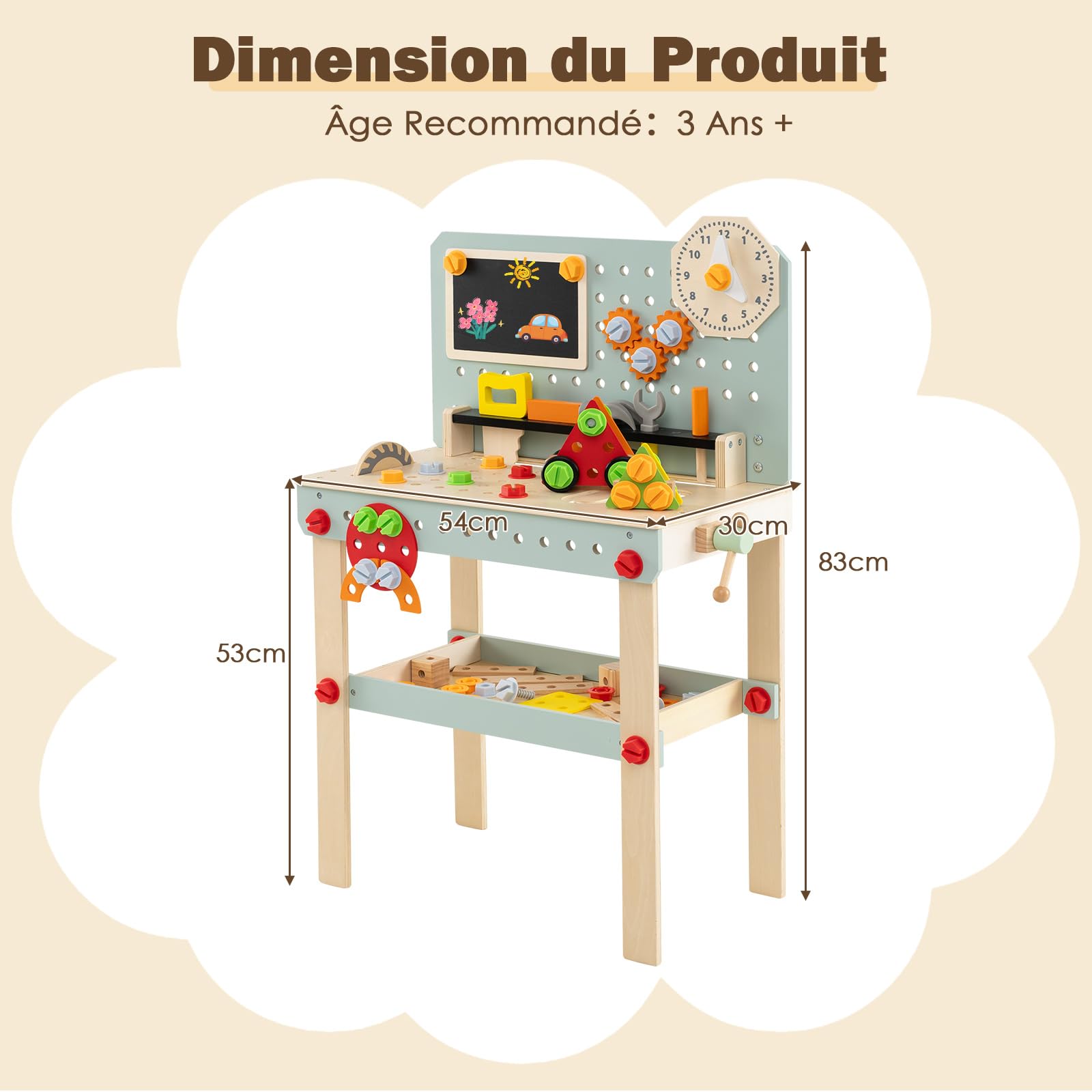 COSTWAY Établi d'Outils en Bois Enfant avec Tableau Noir & Marteau & Scie, Jouet Bricolage Enfant avec 33 Accessoires & Horloge, Étagère Inférieure, Jeu d'Imitation pour 3+ Ans