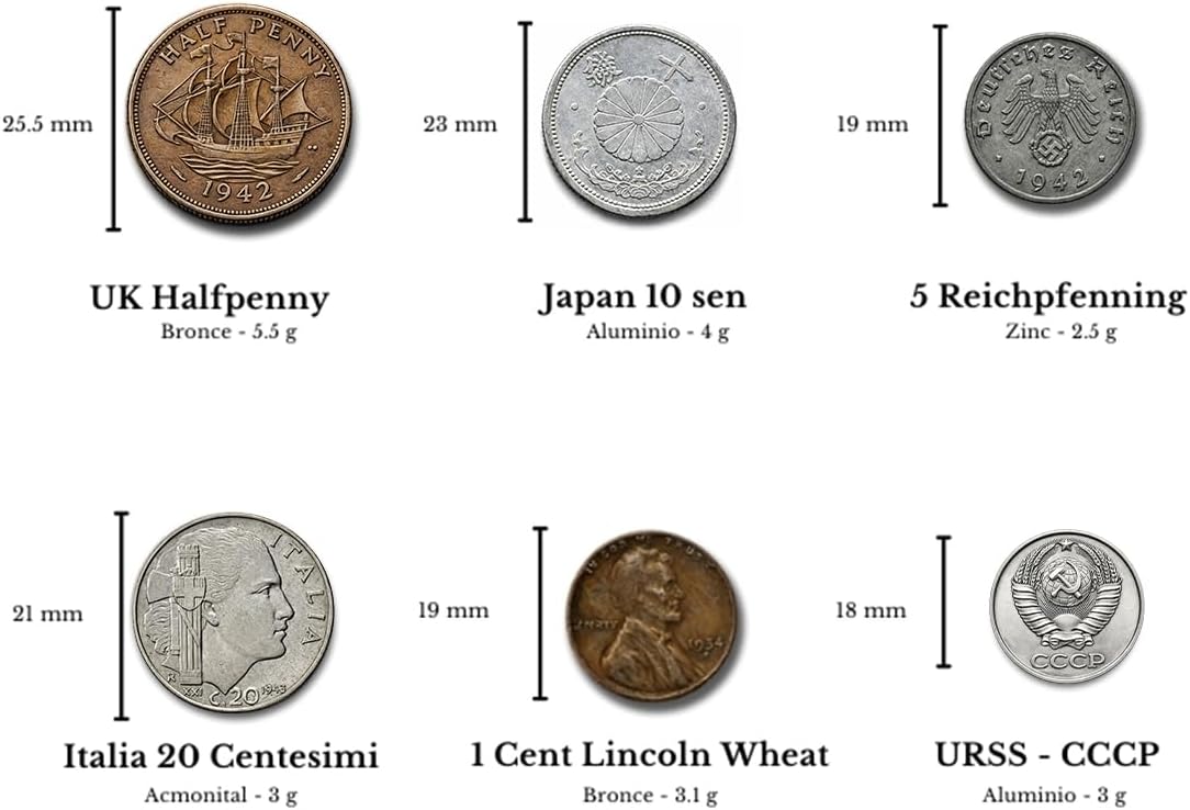WW2 World Currency - 6 Coins Used During The World War 2 by Allies & Axis (1939-1945). Special WW2 Memorabilia for Collector. Presented in a Velvet Bag. Certificate of Authenticity Included.