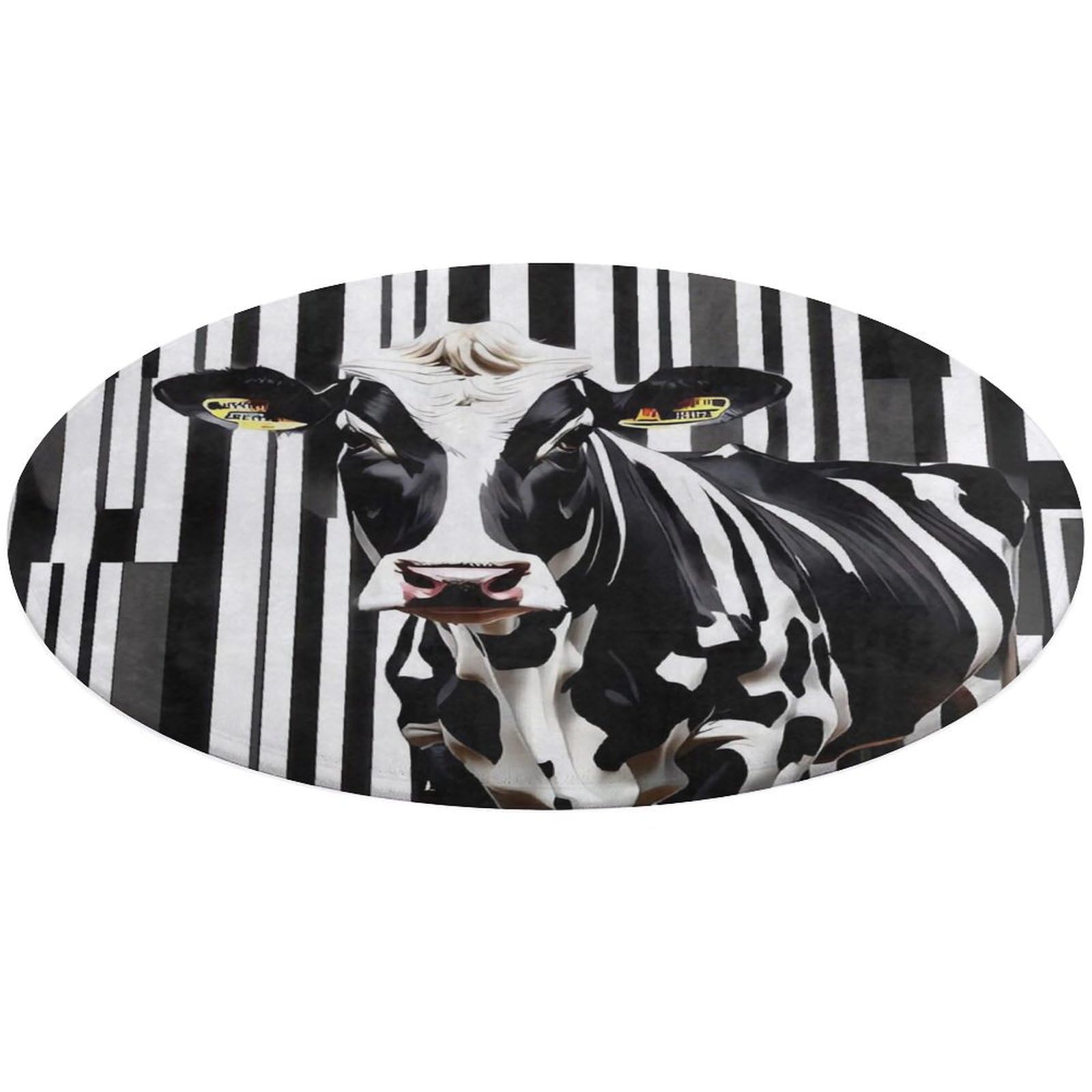 Tapis de porte rond en fibres douces imprime vache noir et blanc