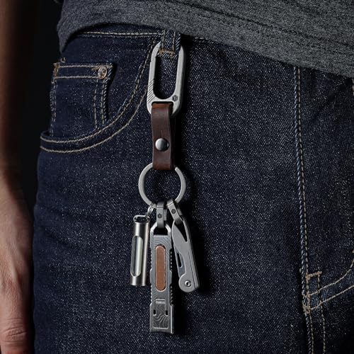 Image of KeyUnity KM02 Titanium Belt Clip Carabiner Leather Keychain Holder with Removable Stainless Steel Key Ring