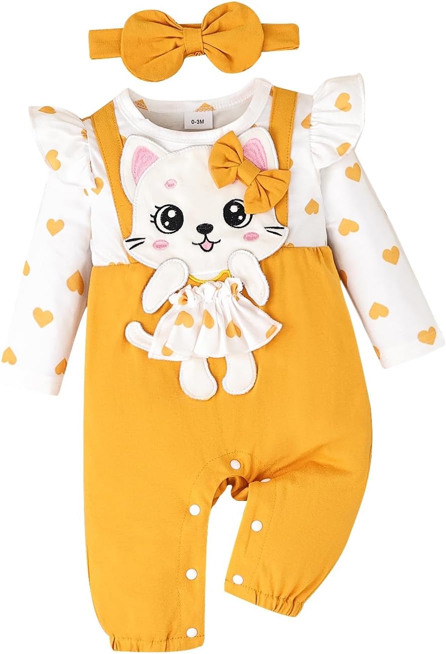 Baby Girl Clothes Newborn Romper Cute Cat Ruffled Long Sleeve Love Fall Winter Outfits with Bow Headband 0-18 Months
