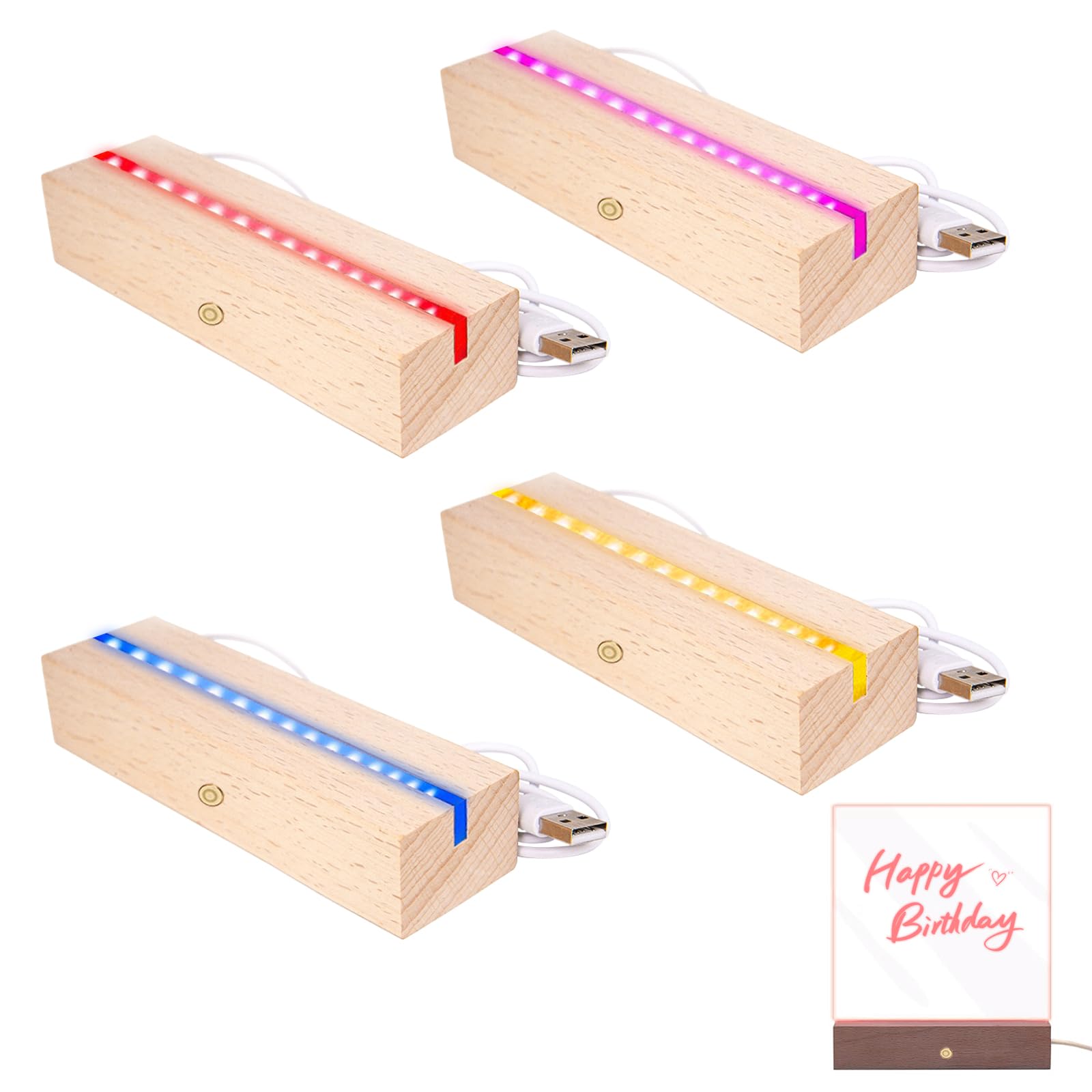 Sporgo 4 Stück LED Sockel: Led Lichtsockel 7 Farben Holzsockel, LED Lichter Display Basis USB Leuchten Sockel mit Schalter, Rechteckige Beleuchteter Holzsockel für DIY Acrylplatten -Farbe Einstellbar
