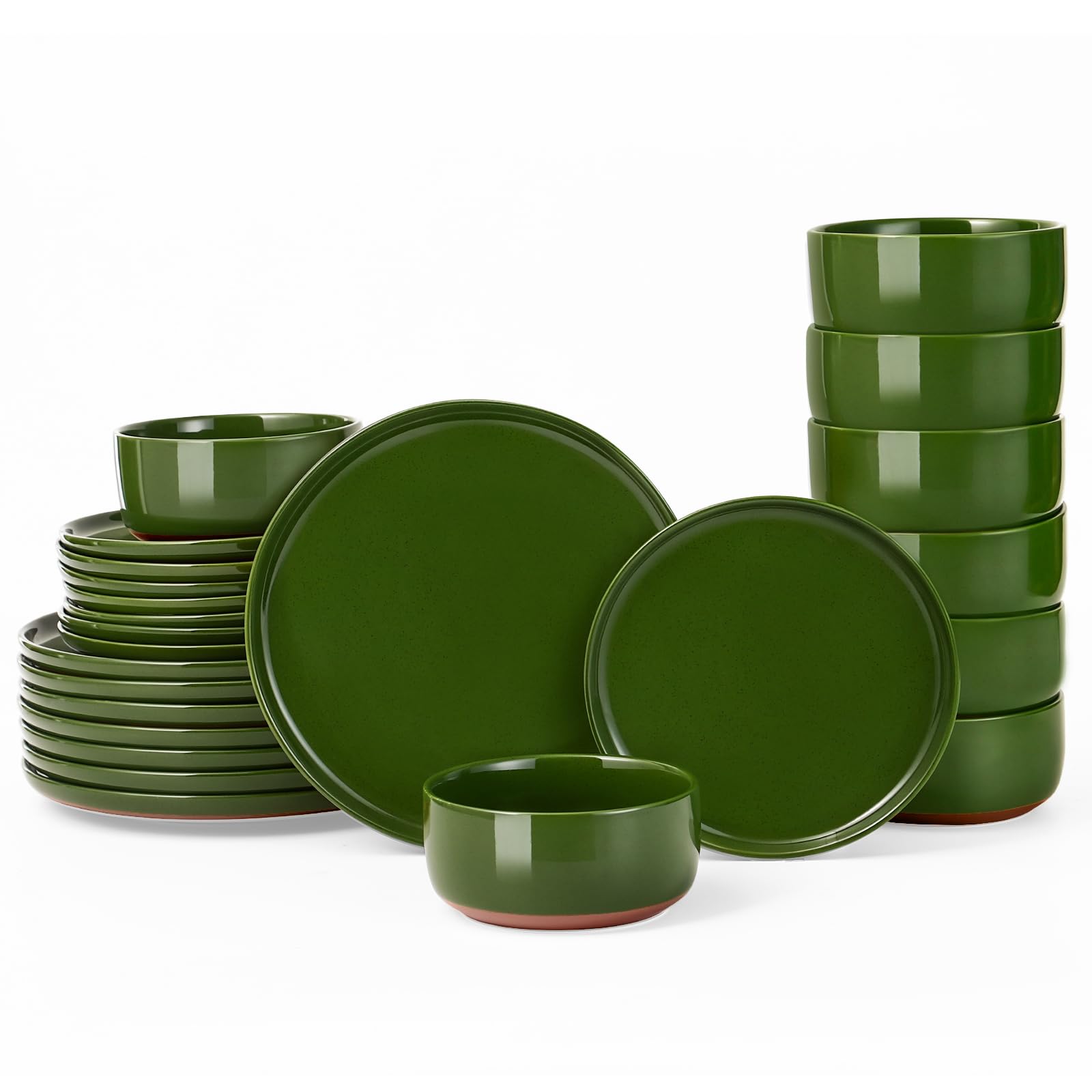 GZG Modern Art Series - 24 Pcs Speckled Stoneware Plates and Bowls Sets, Ceramic Dinnerware Set with Rustic Terracotta Underside, Microwave and Dishwasher Safe Handcrafted Dishes Set - Verdant Green
