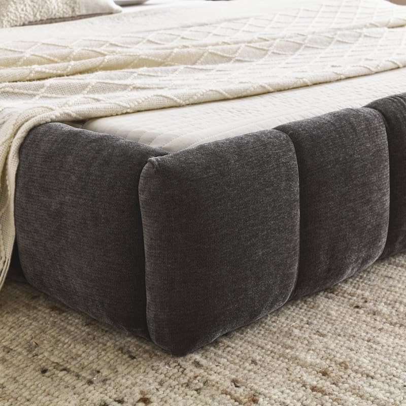 Queen Upholstered Bed Frame, Comfy Chenille Fabric Grounded Platform Bed with Headboard, Elegant Cloud Soft Padded Queen Floor Bed, No Box Spring Needed, Easy Assembly, Dark Grey