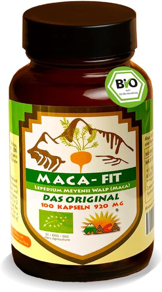 Maca fit Organic 100 capsules original from Peru. Pure Maca Powder contains vitamins amino acids and proteins. Without additives this makes vegan organic gluten-free