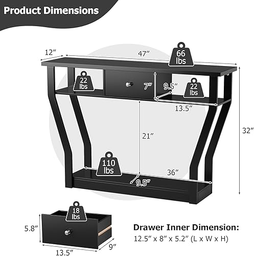 Miniatura 9 de Mesa consola estrecha de 47 pulgadas con cajón, acento de entrada de madera de 3 niveles con estantes abiertos, mesa de sofá multiusos para sala de