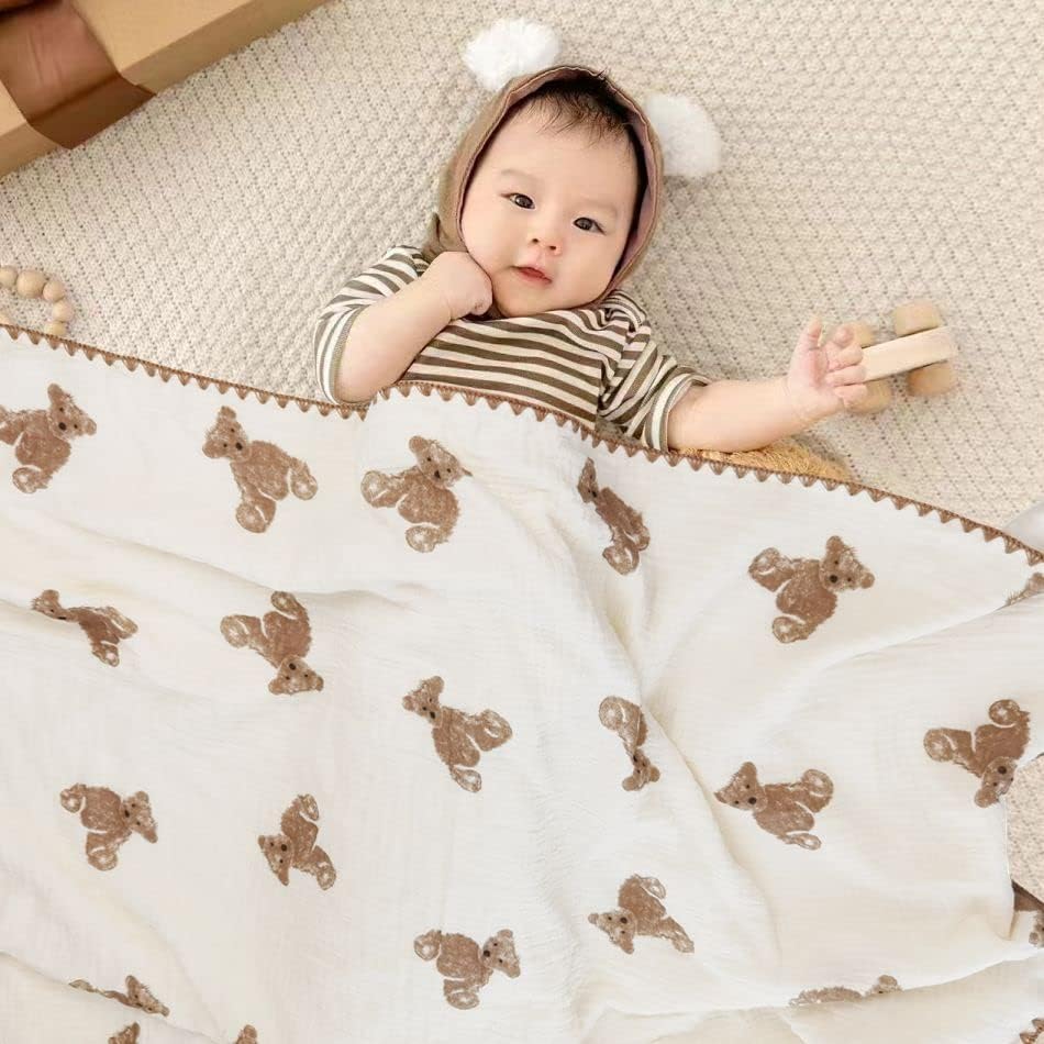 Miniatura 5 de Manta de bebé de doble capa de muselina de algodón gruesa edredón neutro 40x40 pulgadas manta suave patrón de oso