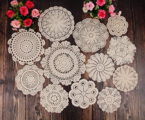 YINGYOU 12Pcs Hand Crochet Doilies Round Beige Vintage Wedding Tea Party 5-12 inches(Beige)