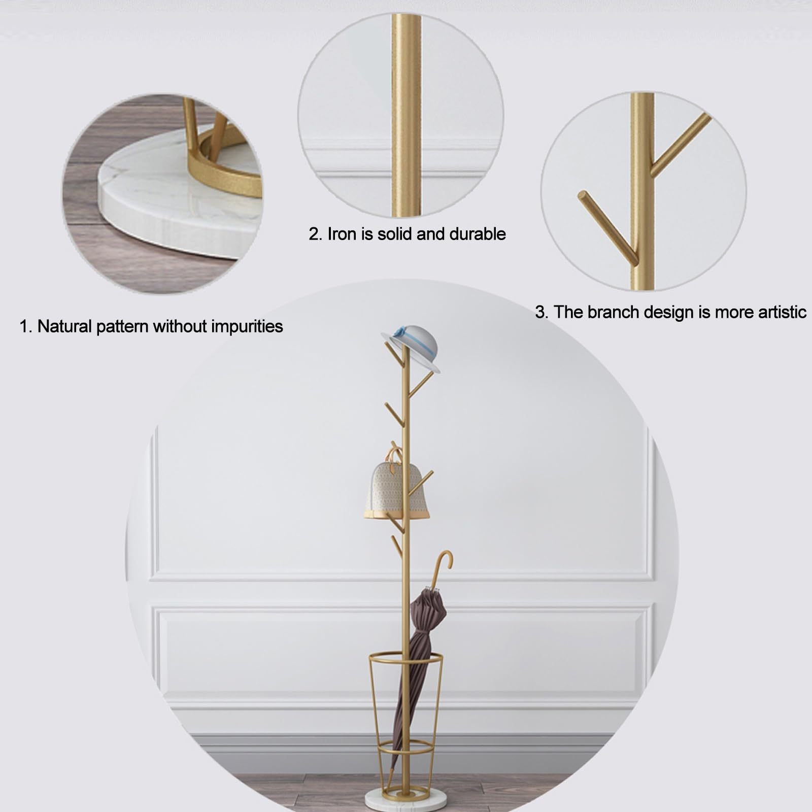 Appendiabiti con portaombrelli, moderno organizer da ingresso multi-gancio con base in marmo per cappotti, cappelli e accessori, ideale per camera da letto, corridoio e ufficio