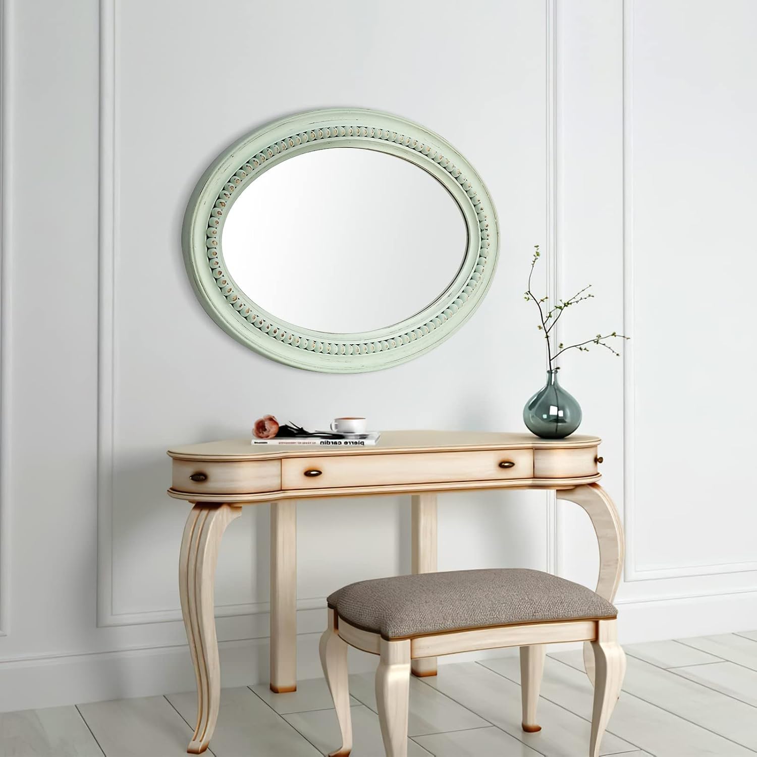 H HOMEWINS Oval Wood Rustic Mirror,20x30 Wooden Oval Decorative Mirrors,Farmhouse Wall-Mounted Green Beads Decor Mirror for Bedroom, Bathroom, Living Room,Vanity
