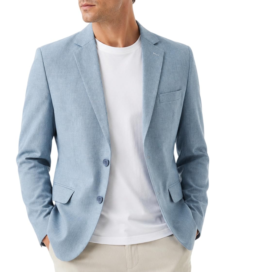 Genérico Blazer De Hombre, Elegante Y Casual, Estilo Deportivo, con Dos Botones, Forro Completo, Solapa con Muesca, De Lino, Ideal para Bodas, Negocios, Vacaciones, Viajes Y Resorts. Color Azul, Ta