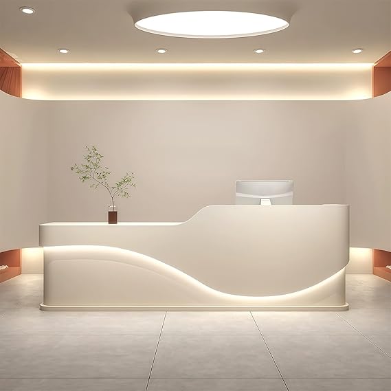 L-Shaped Reception Desk - Modern Reception Desk, Retail Counter and Checkout Desks with Storage Counter and Concealed LED Lighting. No Assembly Required, for Offices, Shopping Malls or Beauty Salons